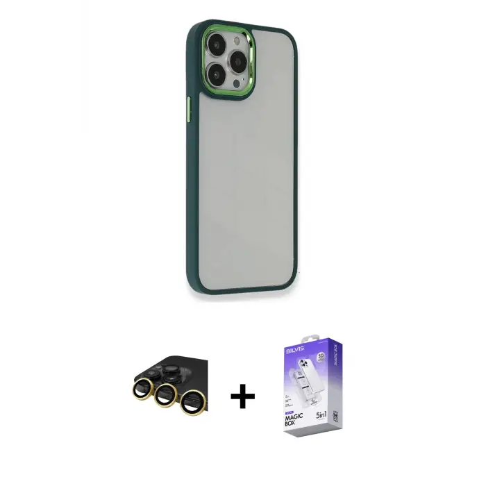 ieg™ iPhone 14 Pro Max Kılıf Eksen Doku Prime - Siyah Bilvis 5in1 3D Magic Cam Ekran Koruyucu + Raze Metal Kamera Lens - GD