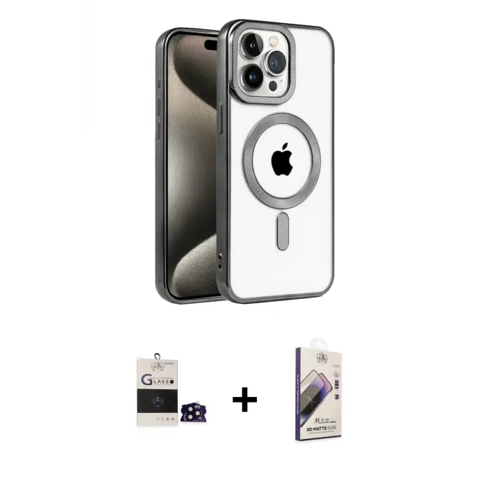 ieg™ iPhone 14 Pro Max Kılıf Eksen Form Koleksiyonu - Siyah Bilvis 3D Mat Cam Ekran Koruyucu + Bilvis Titan Kamera Lens - SH