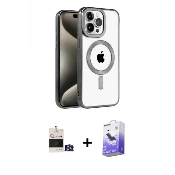ieg™ iPhone 14 Pro Max Kılıf Eksen Form Koleksiyonu - Siyah Bilvis 5in1 5D Magic Hayalet Cam Ekran Koruyucu + Bilvis Titan Kamera Lens - GS
