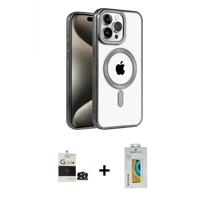 ieg™ iPhone 14 Pro Max Kılıf Eksen Form Koleksiyonu - Siyah Polymer Nano Ekran Koruyucu + Bilvis Titan Kamera Lens - SH
