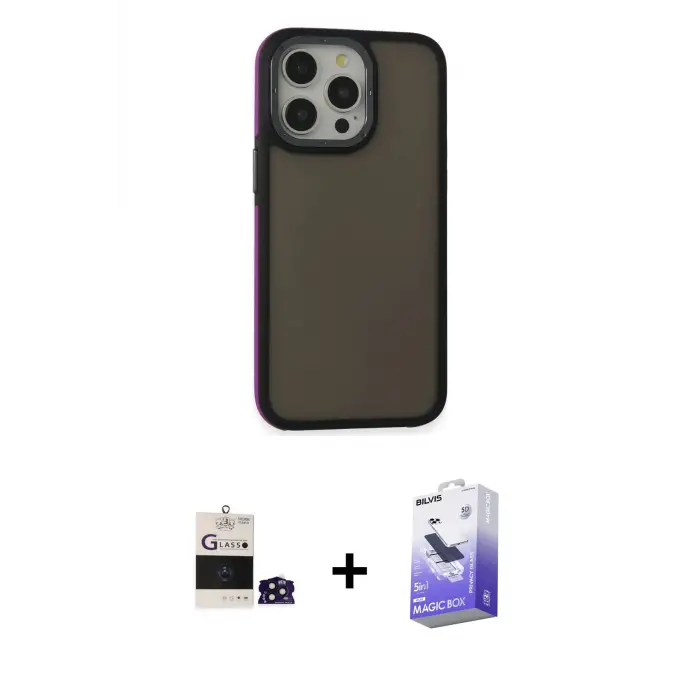 ieg™ iPhone 14 Pro Max Kılıf Eksen Işık - Siyah Bilvis 5in1 5D Magic Hayalet Cam Ekran Koruyucu + Bilvis Titan Kamera Lens - DNMR