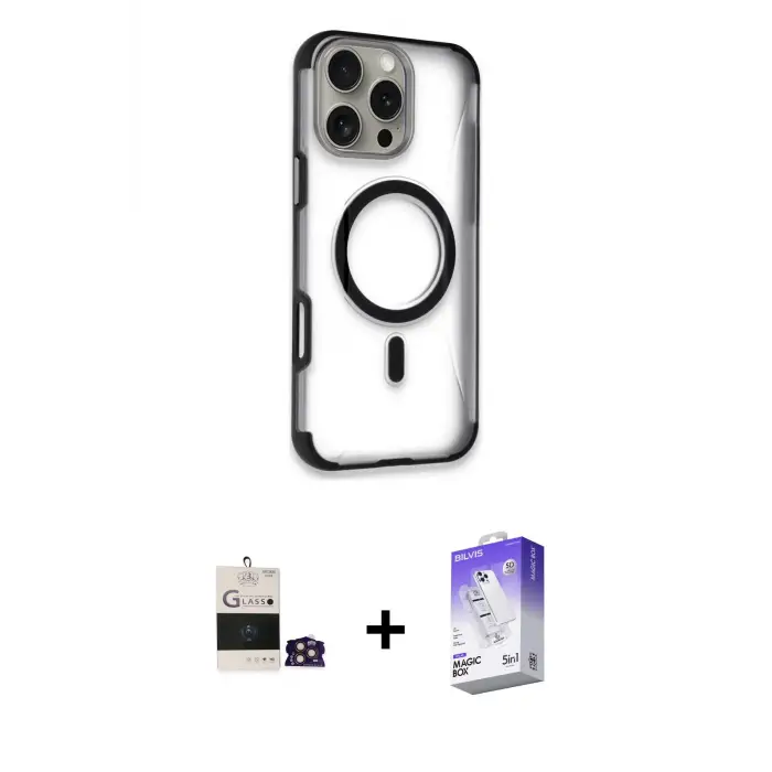 ieg™ iPhone 14 Pro Max Kılıf Eksen Klasik Koleksiyonu - Siyah Bilvis 5in1 3D Magic Cam Ekran Koruyucu + Bilvis Titan Kamera Lens - GD