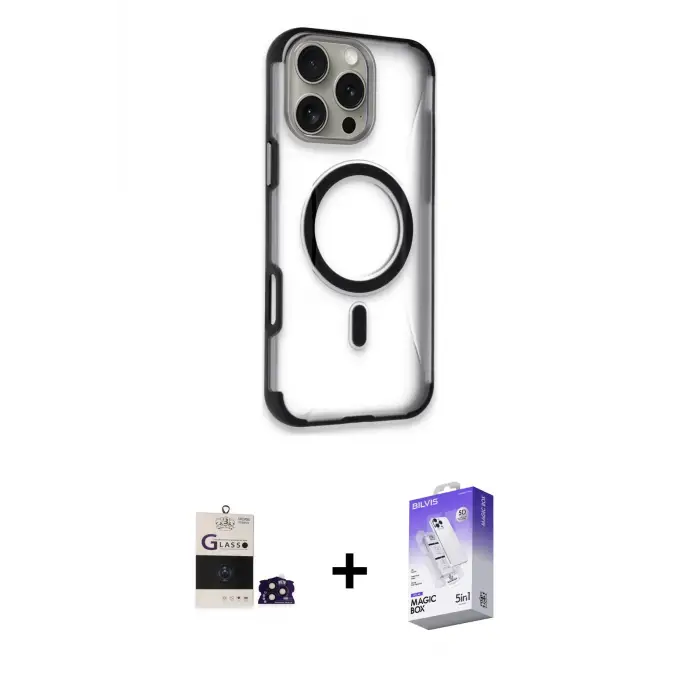 ieg™ iPhone 14 Pro Max Kılıf Eksen Klasik Koleksiyonu - Siyah Bilvis 5in1 3D Magic Cam Ekran Koruyucu + Bilvis Titan Kamera Lens - DNMR