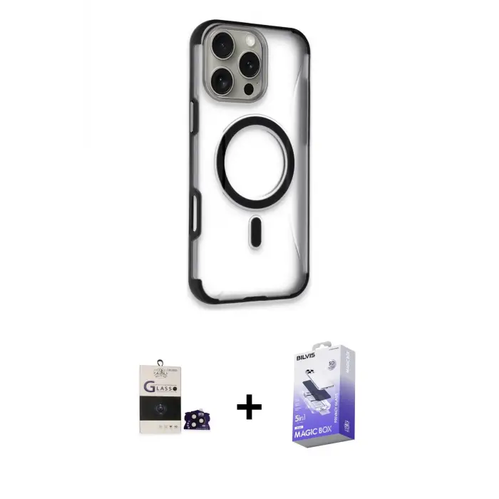ieg™ iPhone 14 Pro Max Kılıf Eksen Klasik Koleksiyonu - Siyah Bilvis 5in1 5D Magic Hayalet Cam Ekran Koruyucu + Bilvis Titan Kamera Lens - SH