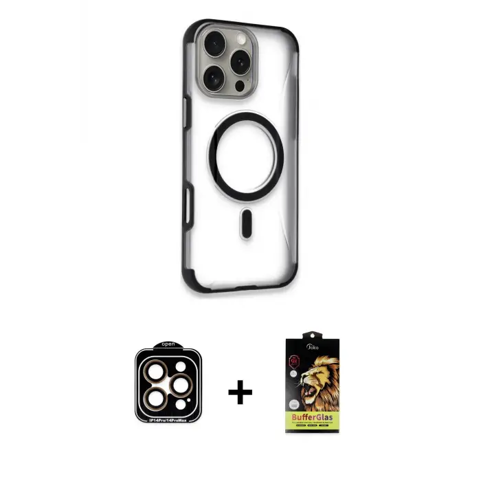 ieg™ iPhone 14 Pro Max Kılıf Eksen Klasik Koleksiyonu - Siyah Buffer Cam Ekran Koruyucu + PVD Metal Kamera Lens - TU