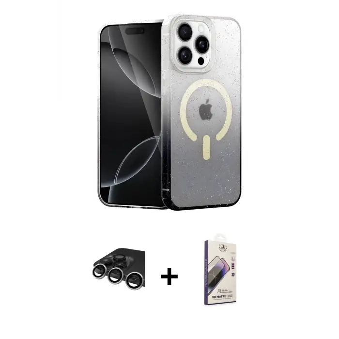 ieg™ iPhone 14 Pro Max Kılıf Eksen Minimal Özel Seri - Siyah Bilvis 3D Mat Cam Ekran Koruyucu + Raze Metal Kamera Lens - GS