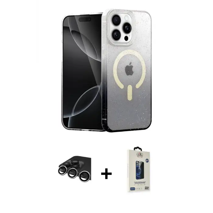 ieg™ iPhone 14 Pro Max Kılıf Eksen Minimal Özel Seri - Siyah Bilvis Hayalet Cam Ekran Koruyucu + Raze Metal Kamera Lens - GS