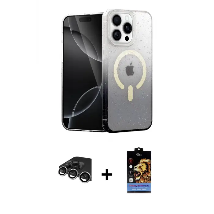 ieg™ iPhone 14 Pro Max Kılıf Eksen Minimal Özel Seri - Siyah Buffer Hayalet Cam Ekran Koruyucu + Raze Metal Kamera Lens - GS
