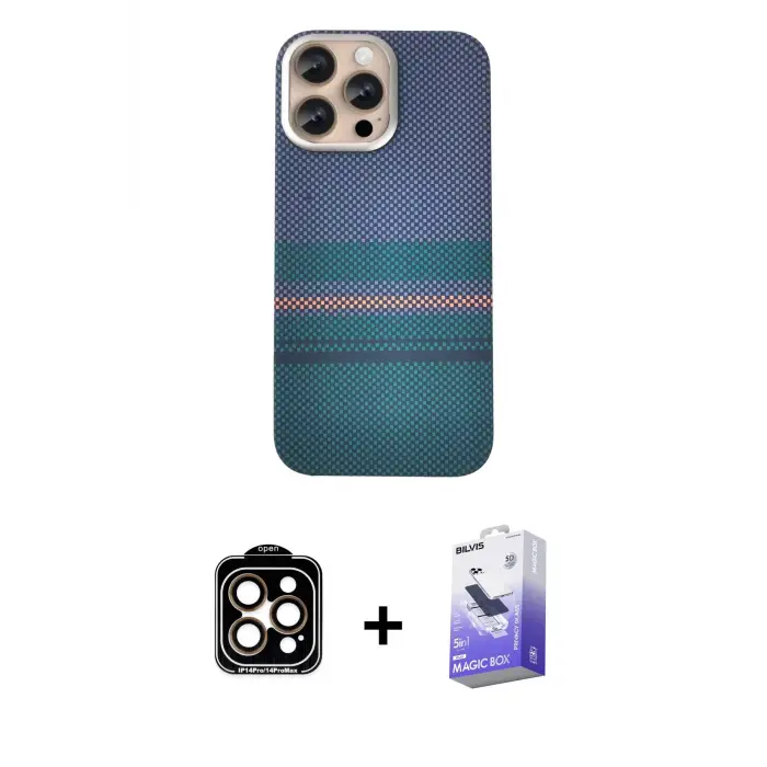 ieg™ iPhone 14 Pro Max Kılıf Eksen Prime - Siyah Bilvis 5in1 5D Magic Hayalet Cam Ekran Koruyucu + PVD Metal Kamera Lens - TU