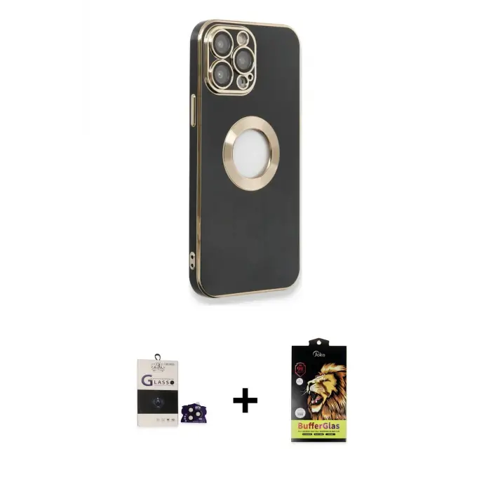 ieg™ iPhone 14 Pro Max Kılıf İz Form Serisi - Siyah Buffer Cam Ekran Koruyucu + Bilvis Titan Kamera Lens - SH