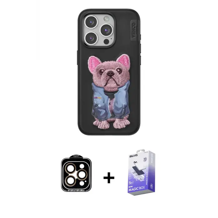 ieg™ iPhone 14 Pro Max Kılıf İz Minimal Koleksiyonu - Siyah Bilvis 5in1 5D Magic Hayalet Cam Ekran Koruyucu + PVD Metal Kamera Lens - TU