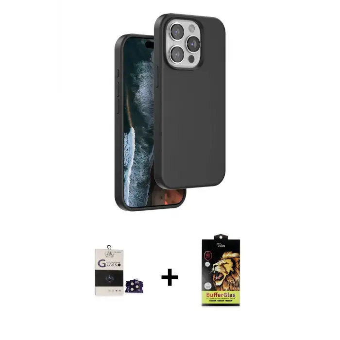 ieg™ iPhone 14 Pro Max Kılıf Kıvılcım Çizgi Serisi - Siyah Buffer Cam Ekran Koruyucu + Bilvis Titan Kamera Lens - SH