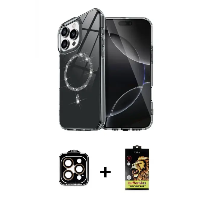 ieg™ iPhone 14 Pro Max Kılıf Kıvılcım Form Prime - Siyah Buffer Cam Ekran Koruyucu + PVD Metal Kamera Lens - TU