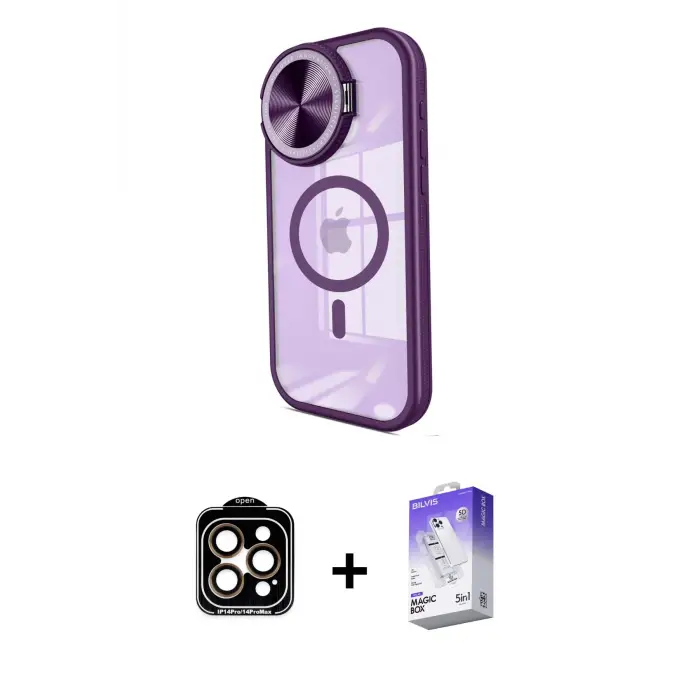 ieg™ iPhone 14 Pro Max Kılıf Kıvılcım Modern Koleksiyonu - Siyah Bilvis 5in1 3D Magic Cam Ekran Koruyucu + PVD Metal Kamera Lens - TU