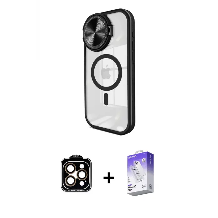 ieg™ iPhone 14 Pro Max Kılıf Kıvılcım Modern Koleksiyonu - Siyah Bilvis 5in1 3D Magic Cam Ekran Koruyucu + PVD Metal Kamera Lens - TU