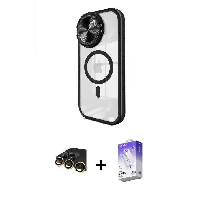 ieg™ iPhone 14 Pro Max Kılıf Kıvılcım Modern Koleksiyonu - Siyah Bilvis 5in1 3D Magic Cam Ekran Koruyucu + Raze Metal Kamera Lens - GD
