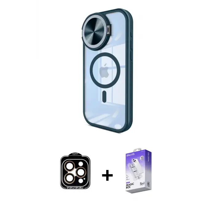 ieg™ iPhone 14 Pro Max Kılıf Kıvılcım Modern Koleksiyonu - Siyah Bilvis 5in1 3D Magic Cam Ekran Koruyucu + PVD Metal Kamera Lens - TU