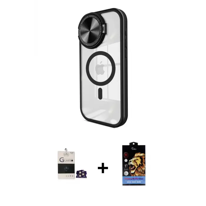ieg™ iPhone 14 Pro Max Kılıf Kıvılcım Modern Koleksiyonu - Siyah Buffer Hayalet Cam Ekran Koruyucu + Bilvis Titan Kamera Lens - GD
