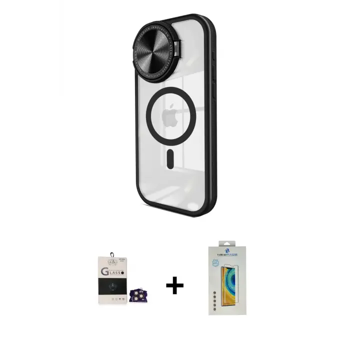 ieg™ iPhone 14 Pro Max Kılıf Kıvılcım Modern Koleksiyonu - Siyah Polymer Nano Ekran Koruyucu + Bilvis Titan Kamera Lens - GD