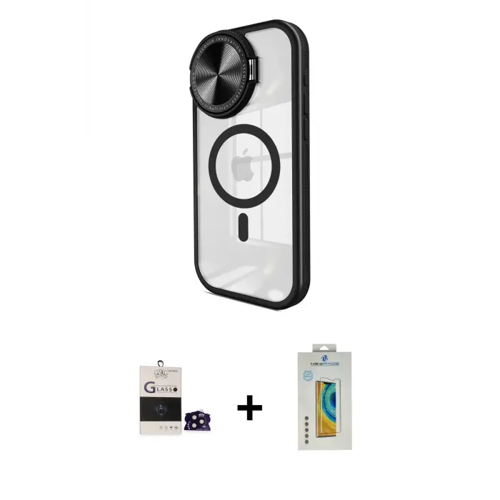 ieg™ iPhone 14 Pro Max Kılıf Kıvılcım Modern Koleksiyonu - Siyah Polymer Nano Ekran Koruyucu + Bilvis Titan Kamera Lens - SH