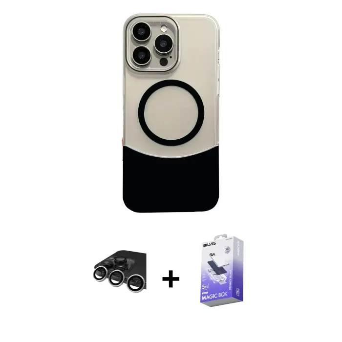 ieg™ iPhone 14 Pro Max Kılıf Kozmos Form Özel Seri - Siyah Bilvis 5in1 5D Magic Hayalet Cam Ekran Koruyucu + Raze Metal Kamera Lens - GS