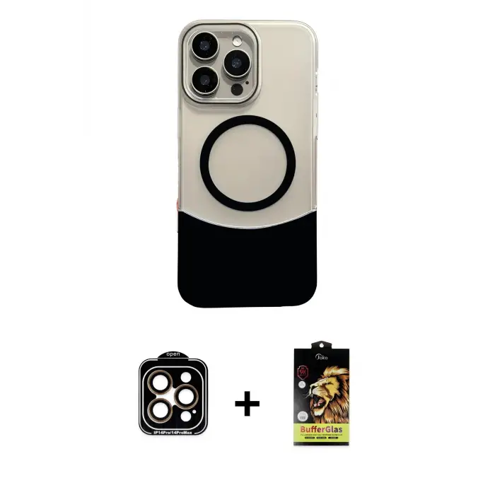 ieg™ iPhone 14 Pro Max Kılıf Kozmos Form Özel Seri - Siyah Buffer Cam Ekran Koruyucu + PVD Metal Kamera Lens - TU