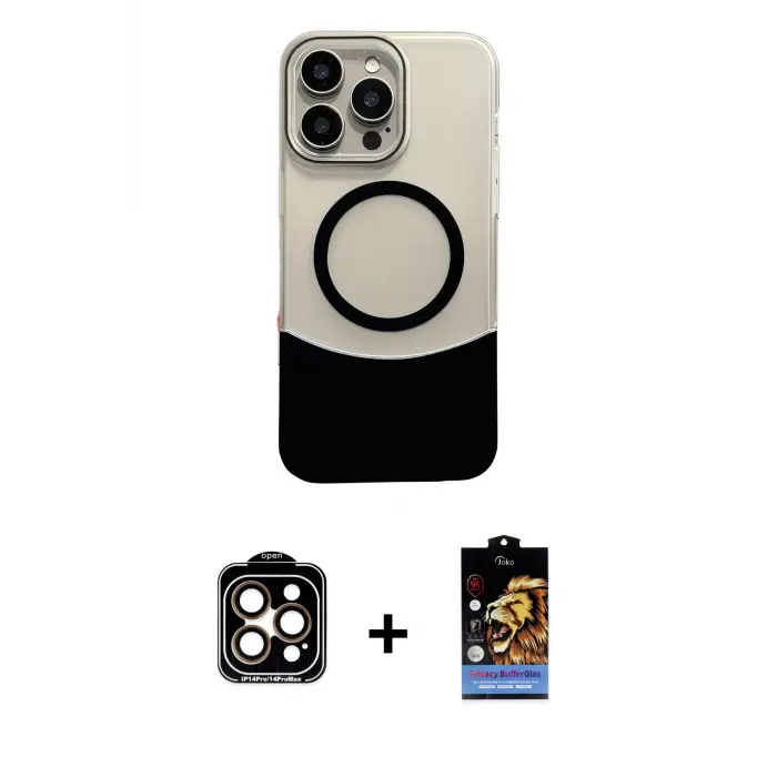 ieg™ iPhone 14 Pro Max Kılıf Kozmos Form Özel Seri - Siyah Buffer Hayalet Cam Ekran Koruyucu + PVD Metal Kamera Lens - TU
