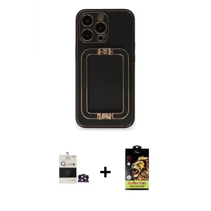 ieg™ iPhone 14 Pro Max Kılıf Kozmos Minimal Prime - Siyah Buffer Cam Ekran Koruyucu + Bilvis Titan Kamera Lens - GD