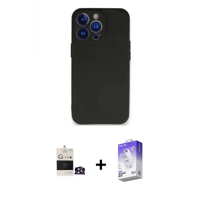 ieg™ iPhone 14 Pro Max Kılıf Kozmos Yansıma Özel Seri - Siyah Bilvis 5in1 3D Magic Cam Ekran Koruyucu + Bilvis Titan Kamera Lens - GD