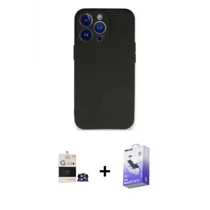 ieg™ iPhone 14 Pro Max Kılıf Kozmos Yansıma Özel Seri - Siyah Bilvis 5in1 5D Magic Hayalet Cam Ekran Koruyucu + Bilvis Titan Kamera Lens - GS