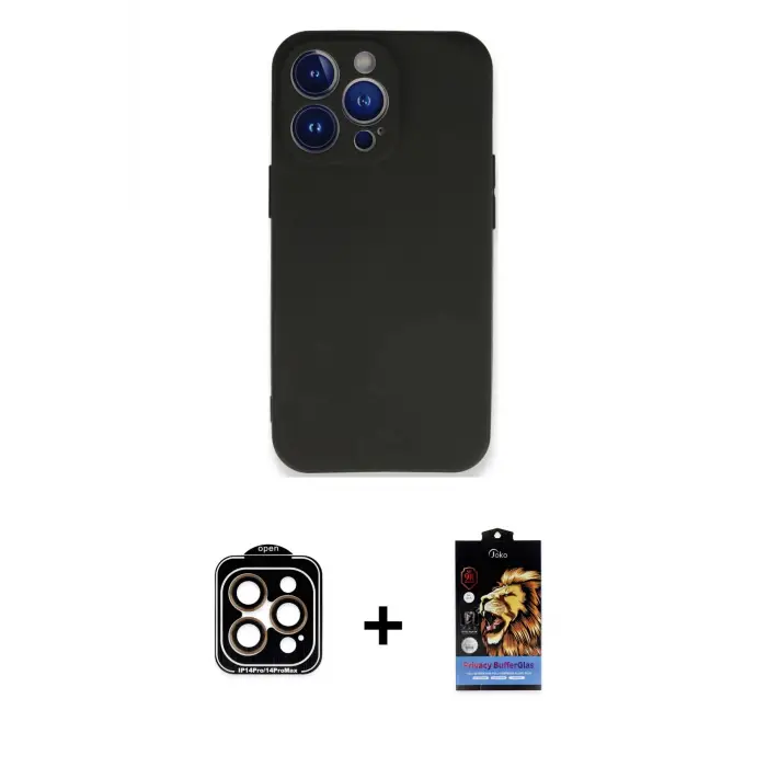 ieg™ iPhone 14 Pro Max Kılıf Kozmos Yansıma Özel Seri - Siyah Buffer Hayalet Cam Ekran Koruyucu + PVD Metal Kamera Lens - TU