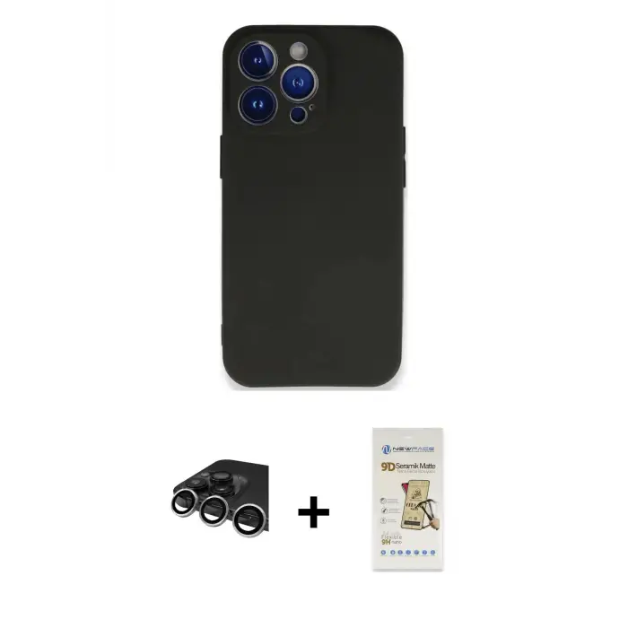 ieg™ iPhone 14 Pro Max Kılıf Kozmos Yansıma Özel Seri - Siyah Mat Seramik Nano Ekran Koruyucu + Raze Metal Kamera Lens - GS