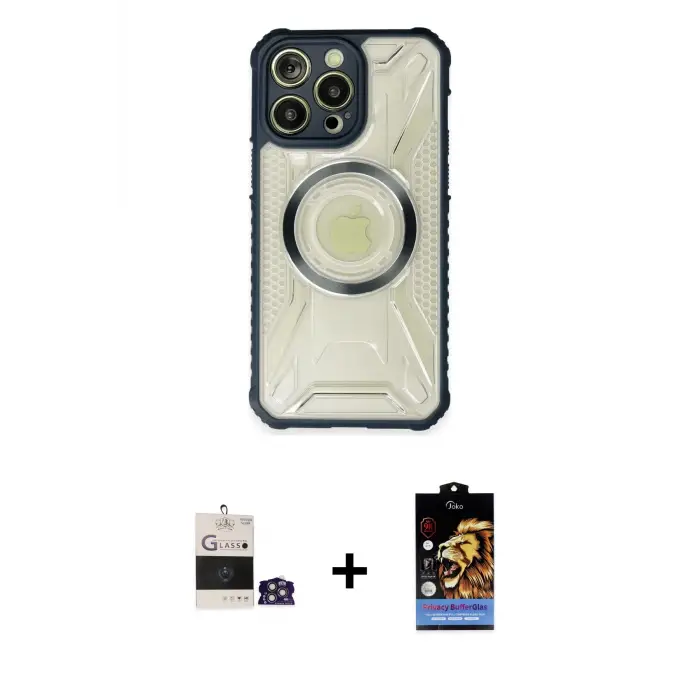ieg™ iPhone 14 Pro Max Kılıf Kutup Modern - Siyah Buffer Hayalet Cam Ekran Koruyucu + Bilvis Titan Kamera Lens - GS