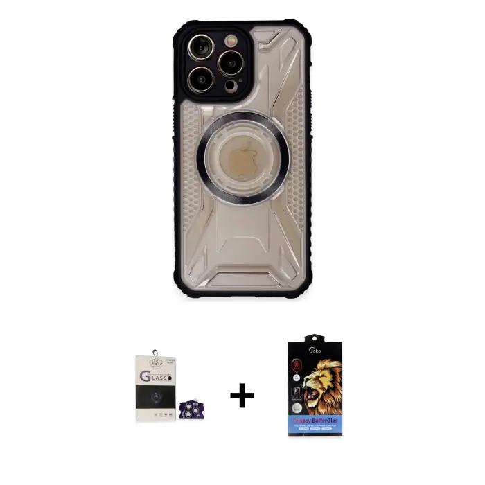 ieg™ iPhone 14 Pro Max Kılıf Kutup Modern - Siyah Buffer Hayalet Cam Ekran Koruyucu + Bilvis Titan Kamera Lens - GS
