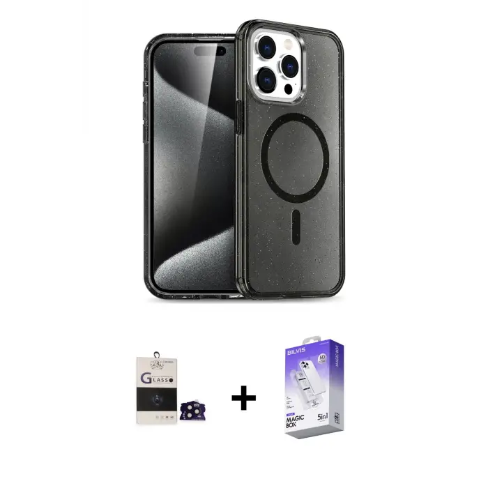 ieg™ iPhone 14 Pro Max Kılıf Nova Asil Prime - Siyah Bilvis 5in1 3D Magic Cam Ekran Koruyucu + Bilvis Titan Kamera Lens - SH