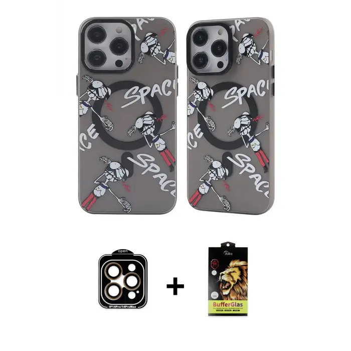 ieg™ iPhone 14 Pro Max Kılıf Nova Doku Koleksiyonu - Siyah Buffer Cam Ekran Koruyucu + PVD Metal Kamera Lens - TU