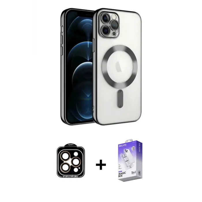 ieg™ iPhone 14 Pro Max Kılıf Nova Işık Özel Seri - Siyah Bilvis 5in1 3D Magic Cam Ekran Koruyucu + PVD Metal Kamera Lens - TU