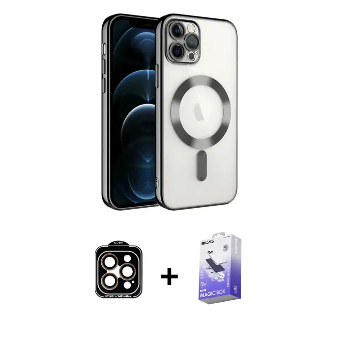 ieg™ iPhone 14 Pro Max Kılıf Nova Işık Özel Seri - Siyah Bilvis 5in1 5D Magic Hayalet Cam Ekran Koruyucu + PVD Metal Kamera Lens - TU