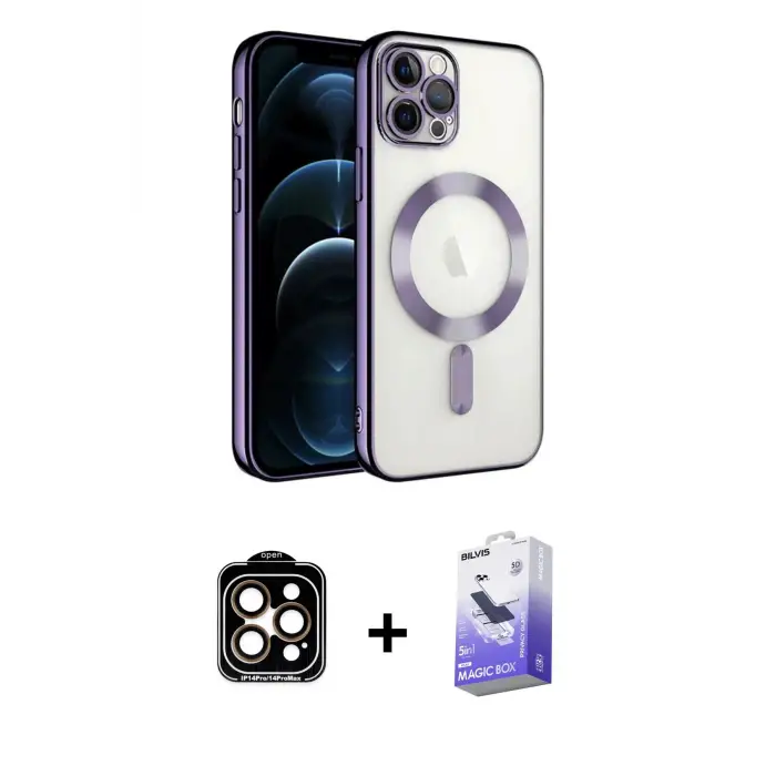 ieg™ iPhone 14 Pro Max Kılıf Nova Işık Özel Seri - Siyah Bilvis 5in1 5D Magic Hayalet Cam Ekran Koruyucu + PVD Metal Kamera Lens - TU