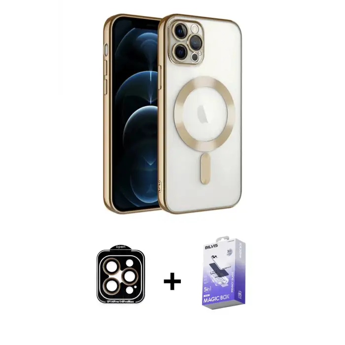 ieg™ iPhone 14 Pro Max Kılıf Nova Işık Özel Seri - Siyah Bilvis 5in1 5D Magic Hayalet Cam Ekran Koruyucu + PVD Metal Kamera Lens - TU