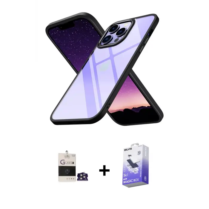 ieg™ iPhone 14 Pro Max Kılıf Nova Işık Serisi - Siyah Bilvis 5in1 5D Magic Hayalet Cam Ekran Koruyucu + Bilvis Titan Kamera Lens - GS