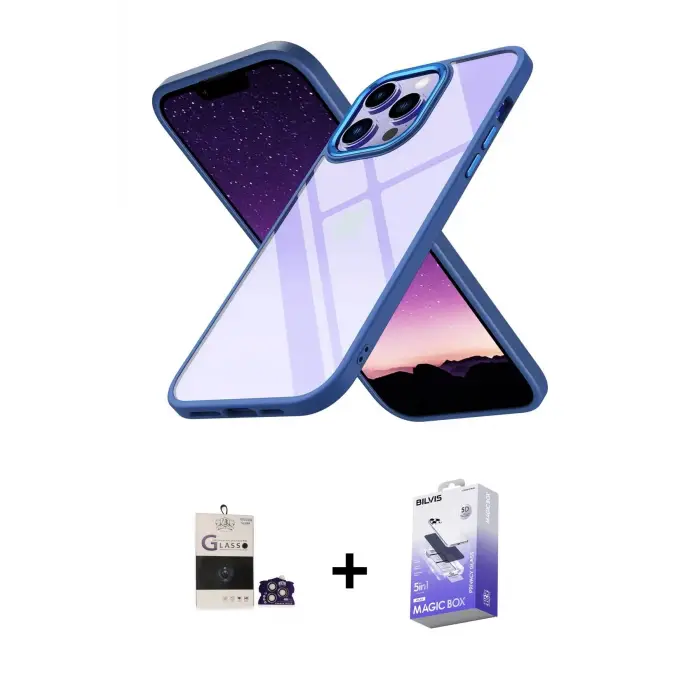 ieg™ iPhone 14 Pro Max Kılıf Nova Işık Serisi - Siyah Bilvis 5in1 5D Magic Hayalet Cam Ekran Koruyucu + Bilvis Titan Kamera Lens - GS