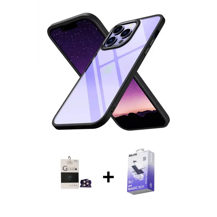 ieg™ iPhone 14 Pro Max Kılıf Nova Işık Serisi - Siyah Bilvis 5in1 5D Magic Hayalet Cam Ekran Koruyucu + Bilvis Titan Kamera Lens - GD