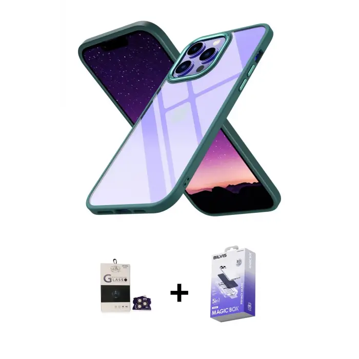 ieg™ iPhone 14 Pro Max Kılıf Nova Işık Serisi - Siyah Bilvis 5in1 5D Magic Hayalet Cam Ekran Koruyucu + Bilvis Titan Kamera Lens - GD