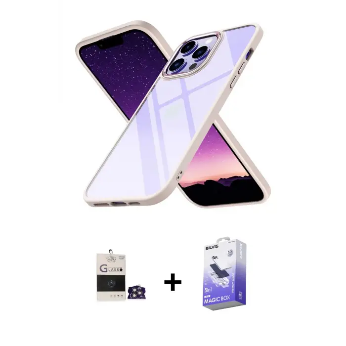 ieg™ iPhone 14 Pro Max Kılıf Nova Işık Serisi - Siyah Bilvis 5in1 5D Magic Hayalet Cam Ekran Koruyucu + Bilvis Titan Kamera Lens - GS