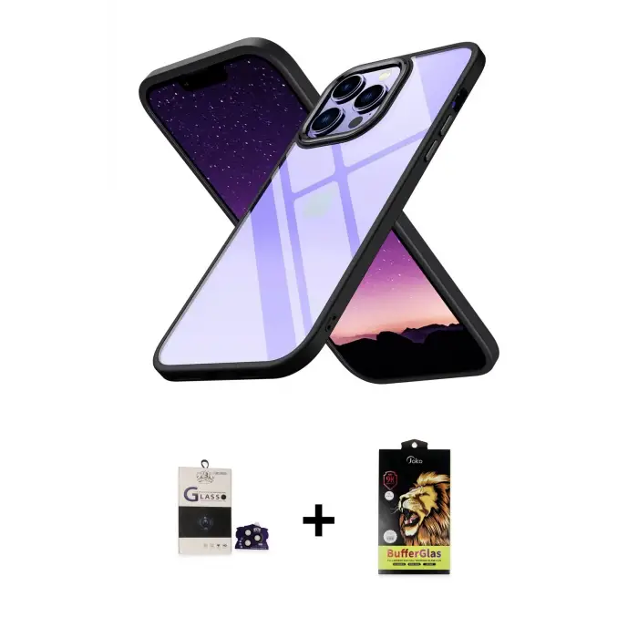 ieg™ iPhone 14 Pro Max Kılıf Nova Işık Serisi - Siyah Buffer Cam Ekran Koruyucu + Bilvis Titan Kamera Lens - SH