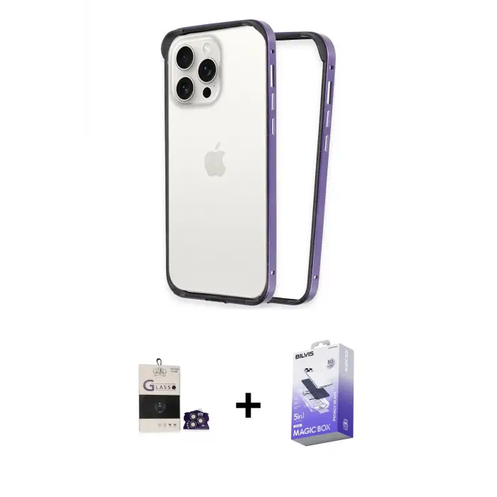 ieg™ iPhone 14 Pro Max Kılıf Pusula Asil Koleksiyonu - Siyah Bilvis 5in1 5D Magic Hayalet Cam Ekran Koruyucu + Bilvis Titan Kamera Lens - GS