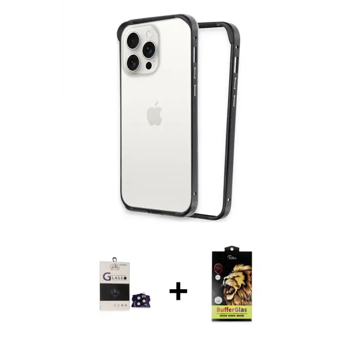 ieg™ iPhone 14 Pro Max Kılıf Pusula Asil Koleksiyonu - Siyah Buffer Cam Ekran Koruyucu + Bilvis Titan Kamera Lens - SH