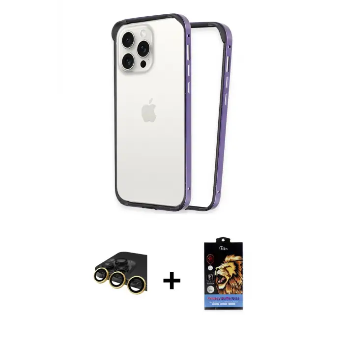ieg™ iPhone 14 Pro Max Kılıf Pusula Asil Koleksiyonu - Siyah Buffer Hayalet Cam Ekran Koruyucu + Raze Metal Kamera Lens - GD
