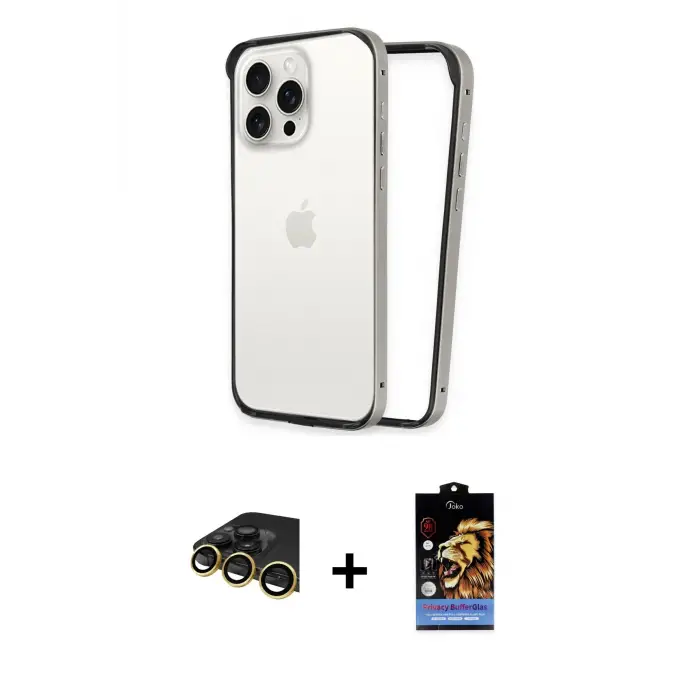 ieg™ iPhone 14 Pro Max Kılıf Pusula Asil Koleksiyonu - Siyah Buffer Hayalet Cam Ekran Koruyucu + Raze Metal Kamera Lens - GD